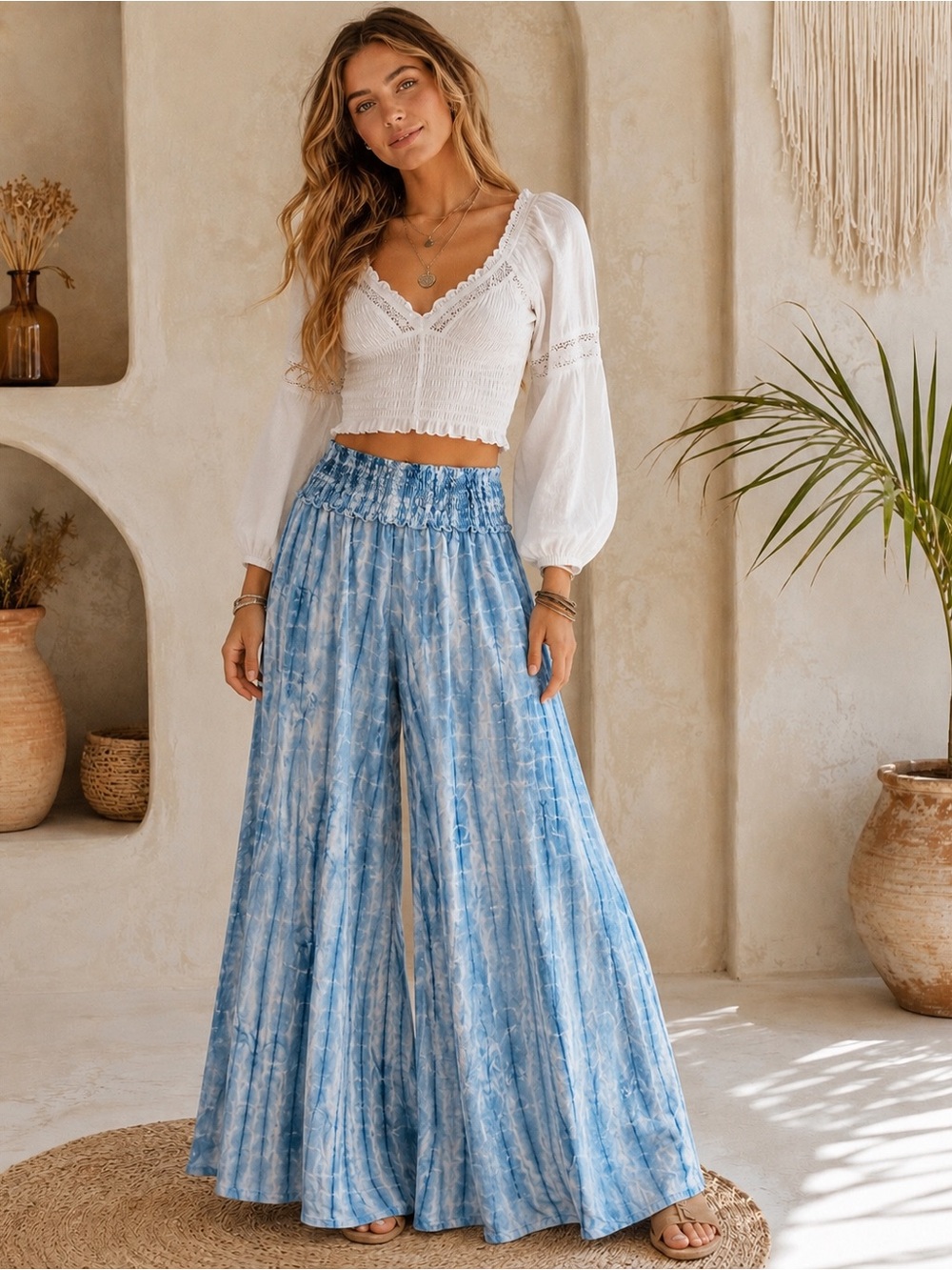 Blue Tie-Dye Wide Leg Smocked Waist Pants Boho, Coastal, vacation